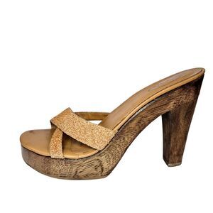 Vintage Schutz Native Wooden Platform '70s Vibe Glitter Cross Front Sandals 7